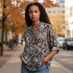 Ruby Rd. Women's Abstract Blue and Brown Button Down Shirt